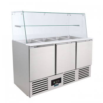 Saladette a 3 porte con struttura in vetro e piano ingredienti +2°/+8° C | 136.5 x 70 x 134 cm