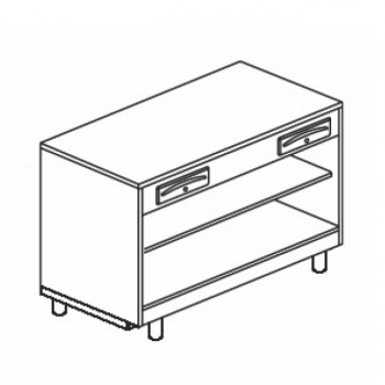 BANCO CASSA COMPLETO DI CASSETTO DI SERVIZIO E CASSETTO CON CHIAVE SU VANO A GIORNO CON RIPIANO INTERMEDIO - L.125 x H.95 cm