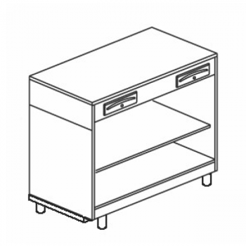 BANCO CASSA COMPLETO DI CASSETTO DI SERVIZIO E CASSETTO CON CHIAVE SU VANO A GIORNO CON RIPIANO INTERMEDIO - L.125 x H.111 cm