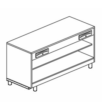BANCO CASSA COMPLETO DI CASSETTO DI SERVIZIO E CASSETTO CON CHIAVE SU VANO A GIORNO CON RIPIANO INTERMEDIO - L.150 x H.95 cm