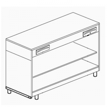 COMPTOIR CAISSE COMPLET AVEC TIROIR DE SERVICE ET TIROIR À CLÉ SUR COMPARTIMENT OUVERT AVEC ÉTAGÈRE INTERMÉDIAIRE - L.150 x H.11