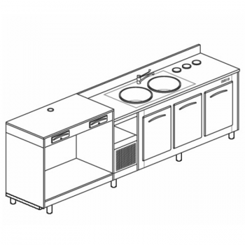 COMPTOIR RÉFRIGÉRÉ À 3 COMPARTIMENTS, PLATEAU POUR MACHINE À CAFÉ ET ÉVIER - L.300 cm