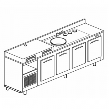 COMPTOIR RÉFRIGÉRÉ À 4 COMPARTIMENTS, PLATEAU POUR MACHINE À CAFÉ ET ÉVIER - L. 250 cm