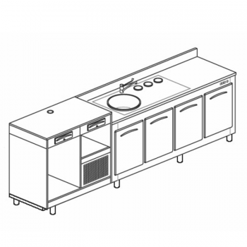 BANCO REFRIGERATO CON 4 VANI, PIANO MACCHINA CAFFÈ E LAVELLO - L.300 cm