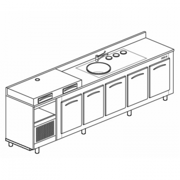 COMPTOIR RÉFRIGÉRÉ À 5 COMPARTIMENTS, PLATEAU POUR MACHINE À CAFÉ ET ÉVIER - L.300 cm