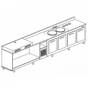 COMPTOIR RÉFRIGÉRÉ À 4 COMPARTIMENTS, PLATEAU POUR MACHINE À CAFÉ ET ÉVIER - L.400 cm