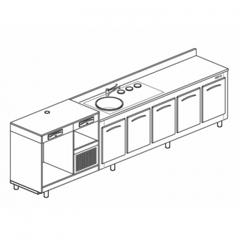 COMPTOIR RÉFRIGÉRÉ À 5 COMPARTIMENTS, PLATEAU POUR MACHINE À CAFÉ ET ÉVIER - L.350 cm