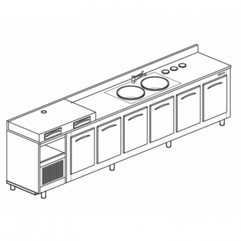 COMPTOIR RÉFRIGÉRÉ À 6 COMPARTIMENTS, PLATEAU POUR MACHINE À CAFÉ ET ÉVIER - L.350 cm