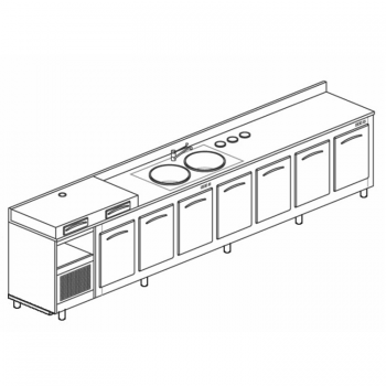 Refrigerated bar counter with 7 doors, coffee machine table top and sink, length 400 cm